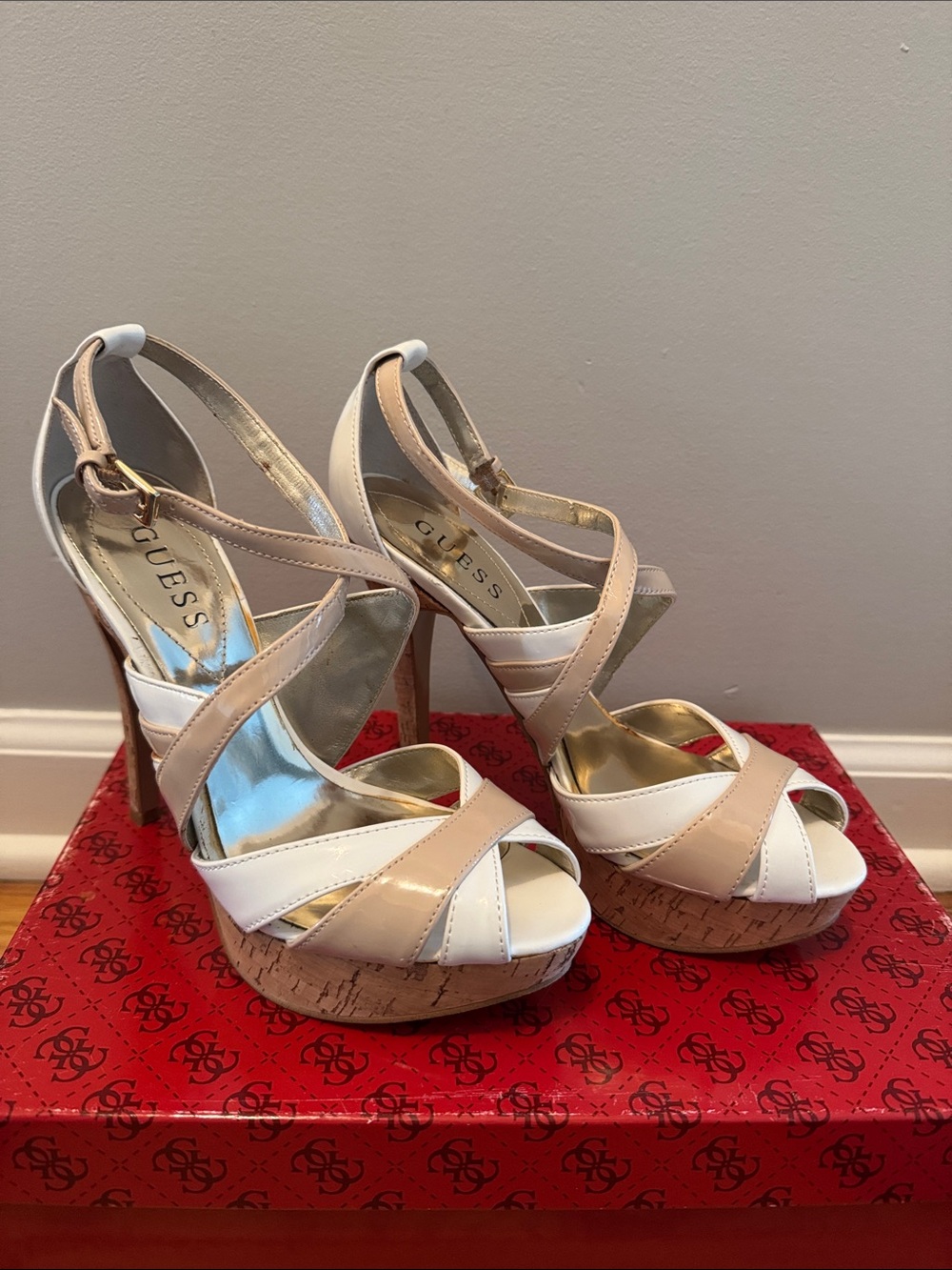 GUESS White and Nude Patent Leather Cross-Strap Platform Stiletto Sandals